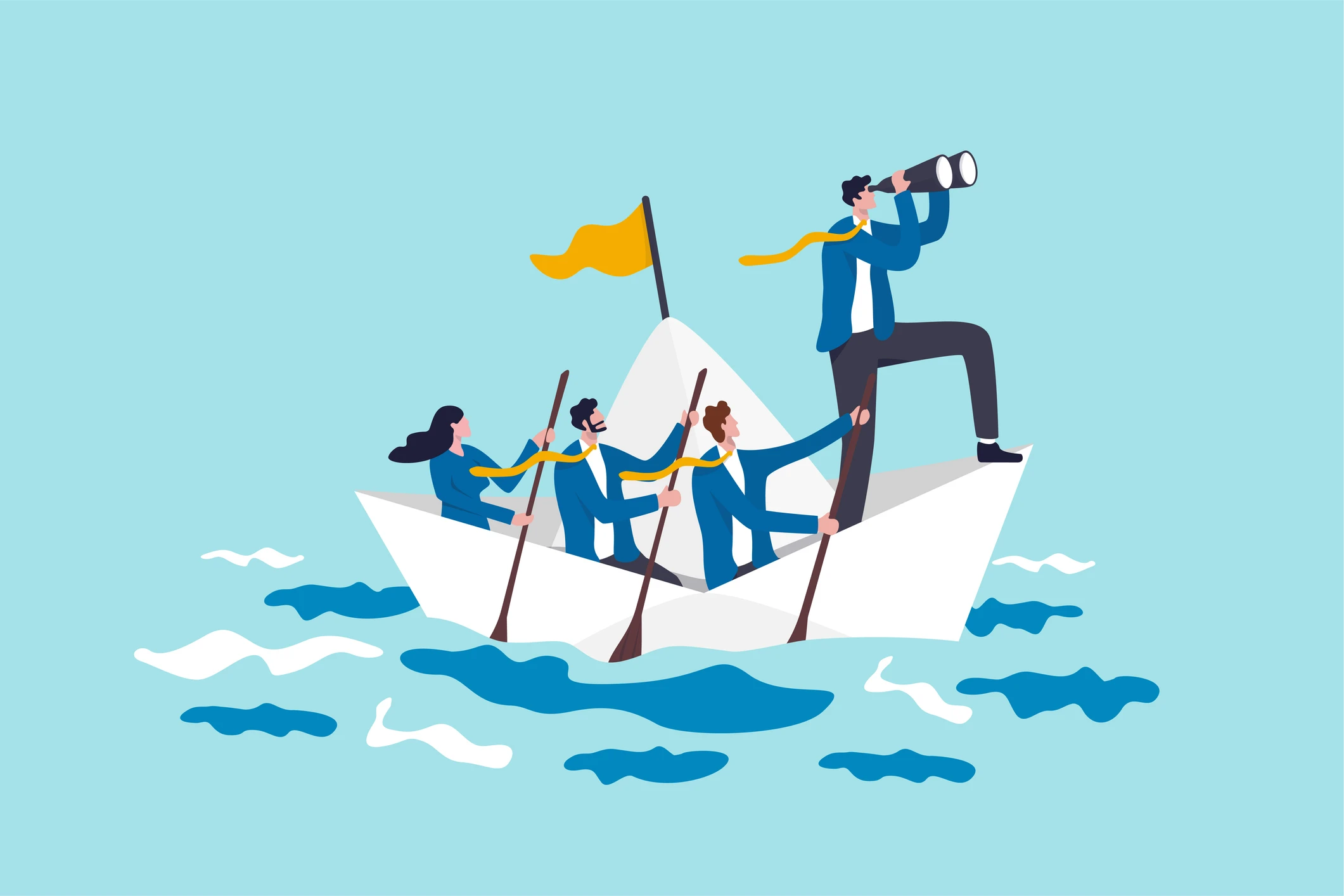 Leadership to lead business in crisis, teamwork or support to achieve target, vision or forward strategy for success concept, businessman leader with binoculars lead business team sailing origami ship Leadership to lead business in crisis, teamwork or support to achieve target, vision or forward strategy for success concept, businessman leader with binoculars lead business team sailing origami ship