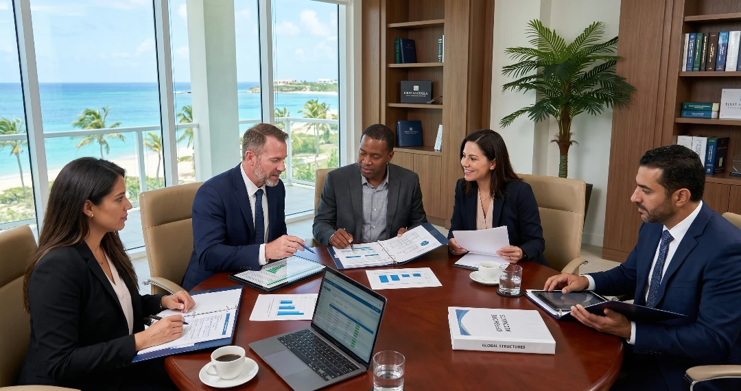 Business Offshore Banking consultation with global entrepreneurs reviewing offshore accounts and international banking structures at First Anguilla Trust Company Limited.