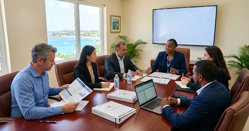 Anguilla Company Incorporation consultation Anguilla Company Incorporation consultation with global entrepreneurs reviewing offshore company structures at First Anguilla Trust Company Limited.